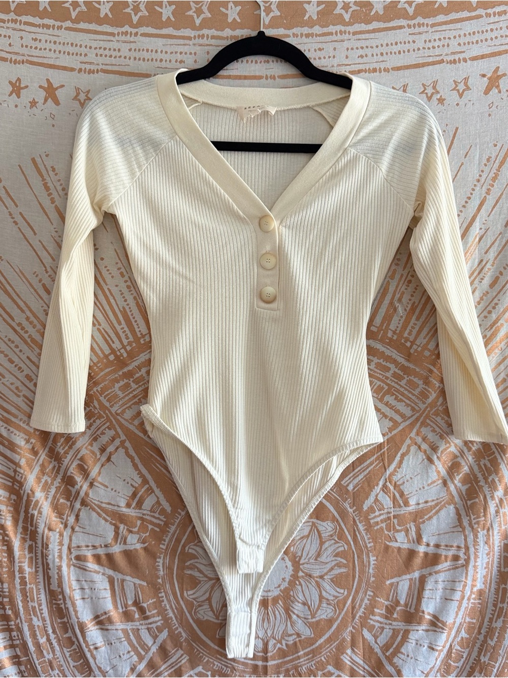 Sezane Cream Ribbed Button-Front Long-Sleeve Bodysuit - Picture 1 of 4